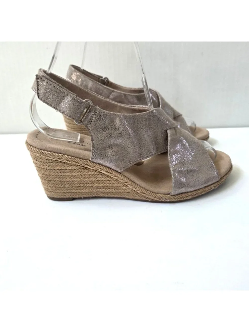Clarks Shoes Womens 8 Metallic Pewter Lafley Alaine Jute Wedge Comfort Sandals